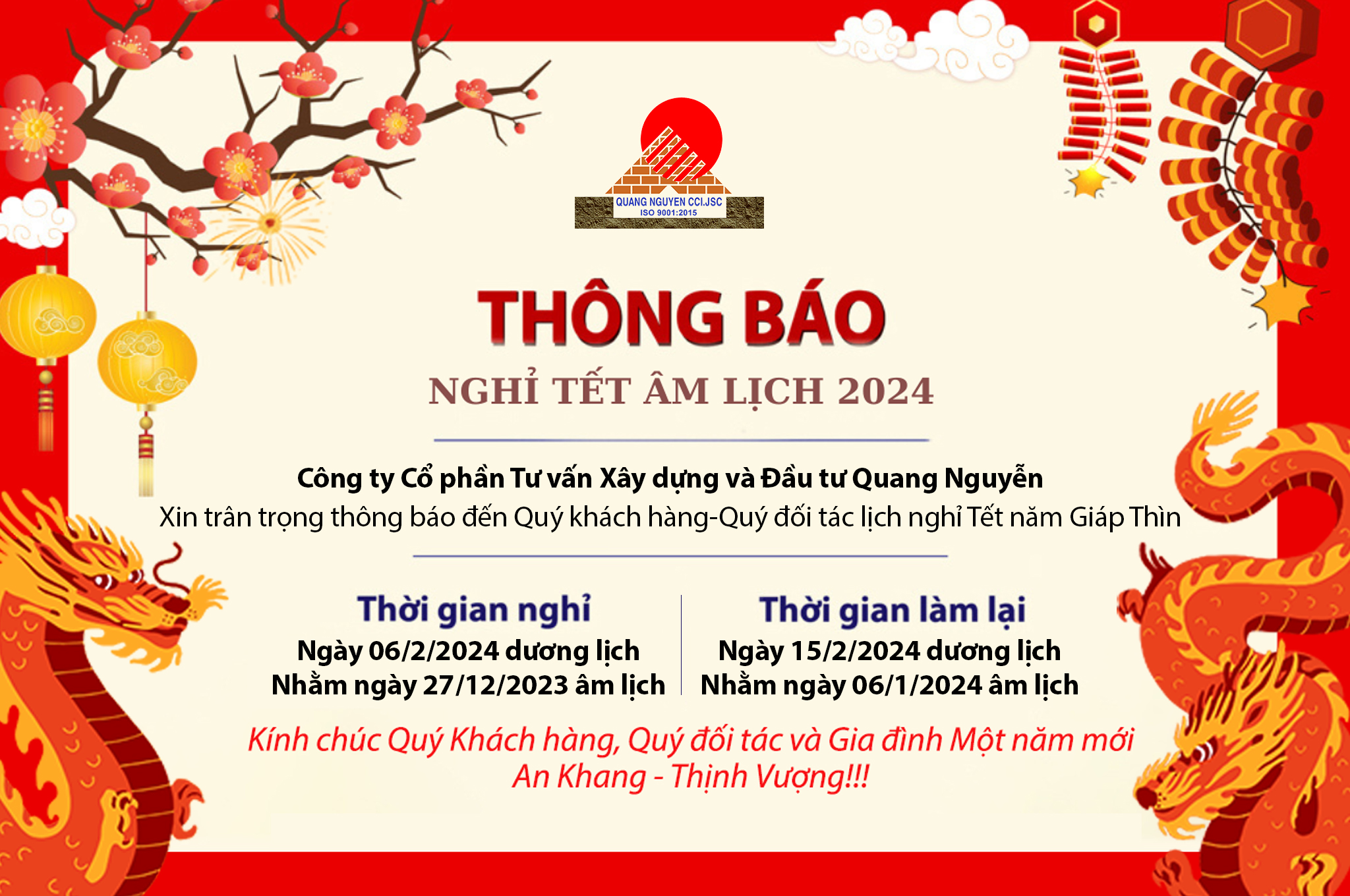 THÔNG BÁO LỊCH NGHỈ TẾT NGUYÊN ĐÁN 2024
